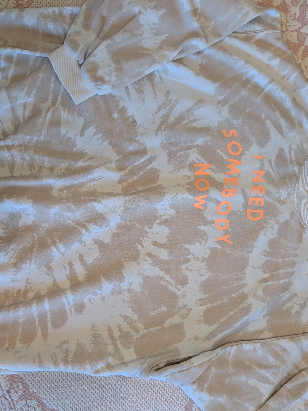 Beige Tie-Dye Crewneck Sweatshirt with Neon Orange Slogan